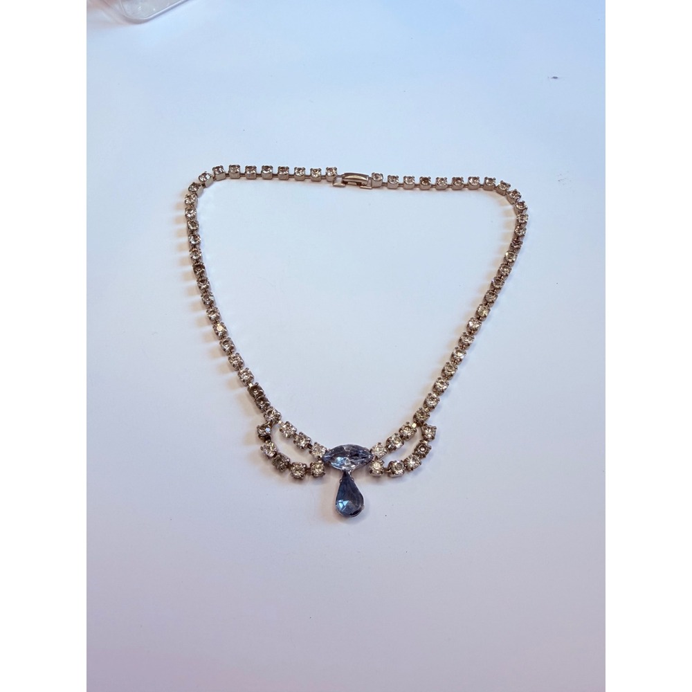 Vintage Blue Glass & Rhinestone Necklace Silver Tone Dangle Drop Necklace